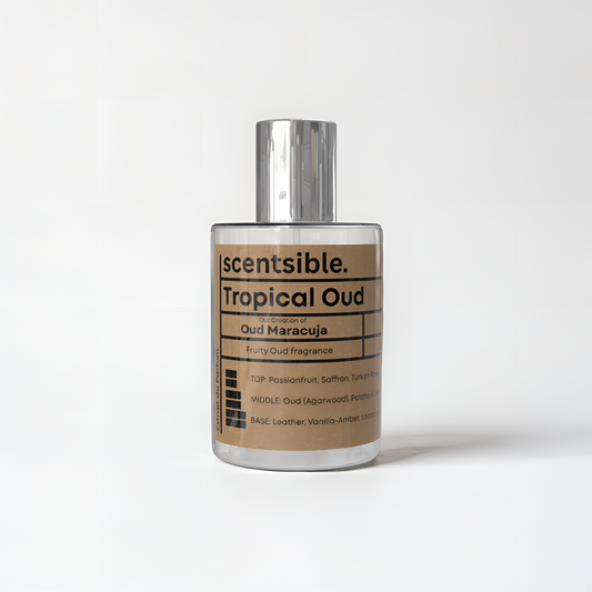 Scentsible Tropical Oud fragrance bottle on a white background